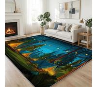 Tapis Salon Lavable Ciel Étoilé Forêt Camping Feu De Camp 140 x 200 cm Moquette Interieur, Anime Doux Antidérapant Flanelle Tapis pour Salon Chambre à Coucher d'enfant Entrée