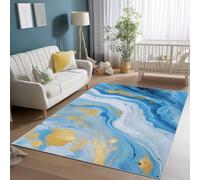 Tapis Salon Lavable, Doux Poils Ras Abstrait Liquide Marbre Imprimé Intérieur Extérieur Dessous antidérapant Bleu Or Tapis, pour Chambre et Salon Cuisine, 120 x 170 cm