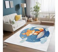 Tapis Salon Lavable, Doux Poils Ras Dessin Animé Renard Nuages Imprimé Intérieur Extérieur Dessous antidérapant Bleu Orange Tapis, pour Chambre et Salon Cuisine, 160 x 230 cm