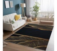 Tapis Salon Lavable, Doux Poils Ras Luxe Plumes Lignes Dorées Imprimé Intérieur Extérieur Dessous antidérapant Noir Or Tapis, pour Chambre et Salon Cuisine, 140 x 200 cm
