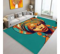 Tapis Salon Lavable en Machine 60 x 110 cm - Poil Court Doux et Résistant Portrait Animé d'une Femme Africaine Imprimé Tapis pour Salon Chambre Cuisine et Couloir Home Decor, Turquoise