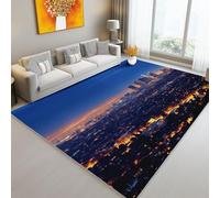 Tapis Salon Lavable en Machine 90 x 150 cm - Poil Court Doux et Résistant Paysage Nocturne Architectural De New York Imprimé Tapis pour Salon Chambre Cuisine et Couloir Home Decor, Bleu Foncé