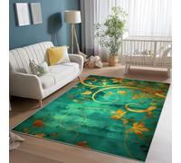 Tapis Salon Lavable en Machine Fleurs Botaniques Vintage Dessinées À La Main, 60 x 110 cm Tapis Chambre Pile Courte et Douce Doux Bureau Rectangulaire Intérieur Extérieur Dessous Antidérapant, Or Cyan