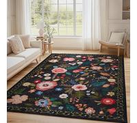 Tapis Salon Lavable en Machine, Motif Floral Vintage, Tapis de Chambre à Poils Courts, Antidérapant et Doux, Idéal pour Bureau ou Chambre d'enfant, Noir Vieilli, 160x220cm