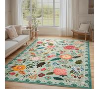 Tapis Salon Lavable en Machine, Motif Floral Vintage, Tapis de Chambre à Poils Courts, Antidérapant et Doux, Idéal pour Bureau ou Chambre d'enfant, Vert, 140x200cm