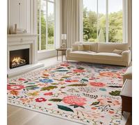 Tapis Salon Lavable en Machine, Motif Floral Vintage, Tapis de Chambre à Poils Courts, Antidérapant et Doux, Idéal pour Bureau ou Chambre d'enfant, Beige et Rose, 240x340cm