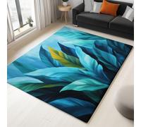 Tapis Salon Lavable en Machine Tapis Poils Courts Jungle Tropicale Peinture Huile Feuilles Moquette, pour Chambre et Salon Cuisine Lavable Dessous Doux antidérapant Paillasson - Turquoise 180x240 CM