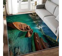 Tapis Salon Lavable Lac De Bled Bateau en Bois 60 x 90 cm Moquette Interieur, Photographie Doux Antidérapant Flanelle Tapis pour Salon Chambre à Coucher d'enfant Entrée