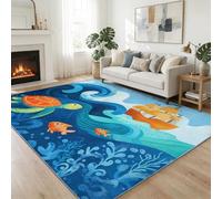 Tapis Salon Lavable Navire Pirate De Dessin Animé Vagues Tortue 160 x 230 cm Moquette Interieur, Thème Maritime Doux Antidérapant Flanelle Tapis pour Salon Chambre à Coucher d'enfant Entrée