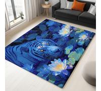 Tapis Salon Lavable Peinture l'huile Fantastique Étang Lotus Tigre 90 x 150 cm Moquette Interieur Impression 3D, Bleu Doux Antidérapant Flanelle Tapis, pour Salon Chambre à Coucher d'enfant Entrée