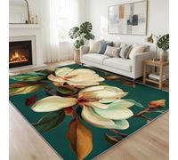 Tapis Salon Lavable Plante Fleurs De Magnolia Blanches Feuilles 60 x 90 cm Moquette Interieur, Peinture À L’Huile Doux Antidérapant Flanelle Tapis pour Salon Chambre à Coucher d'enfant Entrée