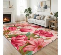 Tapis Salon Lavable Plante Pivoine Rose Tulipes 120 x 170 cm Moquette Interieur, Fleurs Romantiques Doux Antidérapant Flanelle Tapis pour Salon Chambre à Coucher d'enfant Entrée