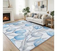 Tapis Salon Lavable Plante Tulipes Bleues 120 x 170 cm Moquette Interieur, Line Art Doux Antidérapant Flanelle Tapis pour Salon Chambre à Coucher d'enfant Entrée