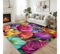 Tapis Salon Lavable Plantes Dessinées À La Main Roses Tulipes 120 x 170 cm Moquette Interieur, Peinture À L’Aquarelle Doux Antidérapant Flanelle Tapis pour Salon Chambre à Coucher d'enfant Entrée