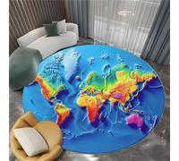 Tapis Salon Lavable Rond Art Numérique Carte du Monde 160 cm Moquette Rond Interieur, Bleu Doux Antidérapant Flanelle Tapis pour Salon Chambre à Coucher d'enfant Entrée