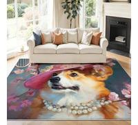 Tapis Salon Moderne 160 x 230 cm Lavable en Machine Super Doux et Fleurs de Corgi impressionnistes Antidérapant Tapis Salon Doux Poil Court pour Chambre Adulte, Salle à MangerRose