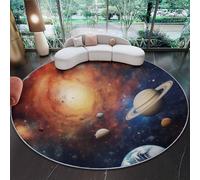 Tapis Salon Moderne Tapis Univers Planètes Science-Fiction Immensité Chambre 100 cm (Round) à Poils Courts,Doux et Moelleux - Cuisine Moquette Chambre, Salle à Manger Bleu Orange