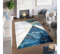 Tapis Salon Motif court Design moderne Bleu Gris Marbre doré OEKOTEX 80 x 150 cm