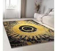 Tapis Salon Noir Doré pour Lavable, Mystique Cercles Symboles Tapis à Poils Courts Doux et Antidérapant pour Chambre Cuisine Salle de Bains Hôtel Restaurant - 60 x 110 cm