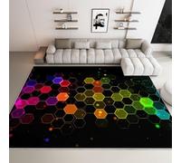 Tapis Salon Noir Interieur 100 x 150 cm, Doux Tapis Chambre Enfant Lavable en Machine Antidérapant, 3D Impression Jeu Hexagones Colorés Nid D'Abeille Poil Ras pour Salle a Manger Porche Entree
