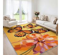 Tapis Salon Papillon Monarque 160x230cm Lavable en Machine | Fleurs Jaunes, Doux, Antidérapant, Poil Ras, pour Chambre Adulte, Descente de Lit, Couloir, Bureau, Salle à Manger