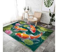 Tapis Salon Peinture Style 140 x 200 cm, Doux à Poils Courts Chambre Moquette Élégance Nature Lotus Carpe Tapis Imprimé Antidérapant Convient pour la Cuisine le Bureau la Chambre d'Enfants Couleur