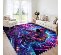 Tapis Salon Punk Néon DJ Musique Électronique 160x230cm Lavable en Machine | Platine DJ Mix Tendance, Doux, Antidérapant, Poil Ras, pour Chambre Adulte, Descente de Lit, Couloir, Bureau, Salle à Manger