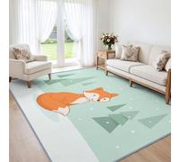 Tapis Salon Renard Mignon Dessin Animé 80x150cm Lavable en Machine | Forêt Vert Menthe Chambre Enfants, Doux, Antidérapant, Poil Ras, pour Chambre Adulte, Couloir, Bureau, Salle à Manger