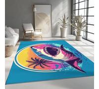 Tapis Salon Rétro Style 120 x 180 cm, Doux à Poils Courts Chambre Moquette Dessin Animé Tropical Océan Requin Tapis Imprimé Antidérapant Convient pour la Cuisine Le Bureau la Chambre d'enfants Bleu