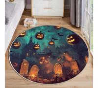 Tapis Salon Rond 100cm Lanternes Citrouilles Châteaux Pierres Tombales Lavable | Moelleux Et Antidérapant Tapis Rond Halloween Magique Pour Salon, Couloir, Salle D'étude, Décorations Intérieures