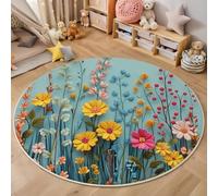 Tapis Salon Rond 120 Cm, Fleurs Sauvages 3D Tapis Chambre Lavable en Machine Antidérapant Salle A Manger, Style d'argile Extra Doux Moquette Chambre pour Cuisine, Entrées, Bleu Clair