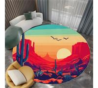 Tapis Salon Rond 120 cm Tapis Rond Coucher Soleil Désert L'Arizona Montagnes Cactus, Moquette Ronds Lavable Couleur Orange - Chambre et Salle à Manger Doux Antidérapant Anti-peluche Runner de Couloir