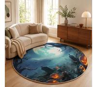 Tapis Salon Rond 160cm Cimetière Arbres Morts Lanternes Citrouilles Lavable | Moelleux Et Antidérapant Tapis Rond Halloween Sombre Pour Salon, Couloir, Salle D'étude, Décorations Intérieures