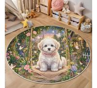 Tapis Salon Rond 180cm Animaux Des Contes De Fées Lavable | Moelleux Et Antidérapant Tapis Rond Bichon Frisé Balançoire Jardin Pour Chambre d'enfant, Salle de jeux, Chambre, Décorations Intérieures