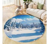 Tapis Salon Rond 200 Cm, Flocons Neige La Jungle Tapis Chambre Lavable en Machine Antidérapant Salle A Manger, Paysages d'hiver Extra Doux Moquette Chambre pour Cuisine, Entrées, Bleu