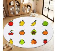 Tapis Salon Rond 60 cm Icônes De Fruits De Design Graphique, Lavable en Machine Tapis de Chambre Rond Antidérapant - pour Manger Bureau & Plus Durable Poils Ras Moquette Blanc