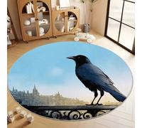 Tapis Salon Rond 60 cm Tapis Rond Style Fantastique Corbeau Ruines De La Ville, Moquette Ronds Lavable Bleu - pour Chambre et Salle à Manger Doux Antidérapant Anti-Peluche Runner de Couloir