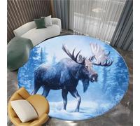 Tapis Salon Rond Art Fantastique Élan d'hiver 180 cm Tapis Rond, Chambre Impression 3D Moderne Blanc Moquette Antidérapant Lavable Machine pour Salon Salle à Manger Bureau