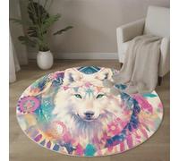 Tapis Salon Rond Attrape-Rêves Loup Blanc 180 cm Tapis de Chambre Rond Mandala Aquarelle Lavable Antidérapant Moquette Ronds pour Salon Chambre Enfant & Salle À Manger, Lavande