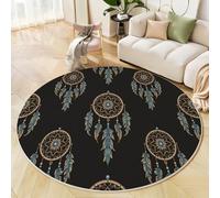 Tapis Salon Rond Brun Clair, Anti-Glissant Style Ethnique Carpette pour intérieur, Salon Anti Slip Attrape-Rêves Plumes Tapis de Sol pour Chambre Cuisine Couloir Entrée 90cm