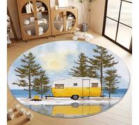 Tapis Salon Rond Dessin À La Main Scène Enneigée Camping-Car Pins 100 cm Tapis Rond, Chambre Impression 3D Moderne Blanc Moquette Antidérapant Lavable Machine pour Salon Salle à Manger Bureau