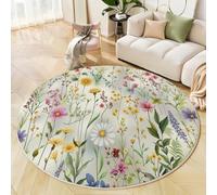 Tapis Salon Rond Diamètre 120cm, Dessiné À La Main Marguerite Bleuet, Tapis Doux Antidérapant pour Décoration Salle à Manger Chambre Canapé Cuisine Chambre d'enfant, Vert