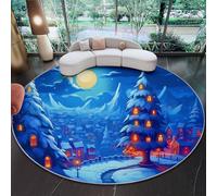 Tapis Salon Rond Diamètre 160 cm, Style Scène Nocturne D'Un Sapin De Noël De Dessin Animé, Tapis Doux Antidérapant pour Décoration Salle à Manger Chambre Canapé Cuisine Chambre d'enfant, Bleu Foncé