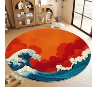 Tapis Salon Rond Doux Antidérapant 120 cm Vague Style Ukiyo-E Tapis de Chambre Rond Poil Ras Moderne, Couleur Orange Antidérapant Moquette Ronds- pour Chambre à Coucher Couloirs Salon Cuisine