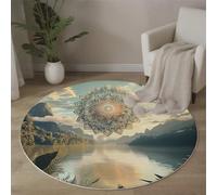 Tapis Salon Rond Lac Mandala 200cm Tapis de Chambre Rond Montagnes De Nouvelle-Zélande Lavable Antidérapant Moquette Ronds pour Salon Chambre Enfant & Salle À Manger, Bleu Clair
