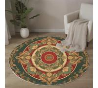 Tapis Salon Rond Mandala 100 cm Tapis de Chambre Rond Magnifiques Photos De Fleurs Lavable Antidérapant Moquette Ronds pour Salon Chambre Enfant & Salle À Manger, Vert Émeraude