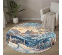 Tapis Salon Rond Mandala Sonique 160 cm Tapis de Chambre Rond Peinture De Paysage De Montagne Enneigée Lavable Antidérapant Moquette Ronds pour Salon Chambre Enfant & Salle À Manger, Bleu Clair