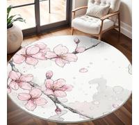 Tapis Salon Rond Poil Ras 160 cm Aquarelle : Fleurs de Cerisier, Moderne Doux et Moelleux Tapi De Salon Lavable, Fleurs de Cerisier Roses Tapis Rond Antidérapant pour Décoration de Chambre D'enfant