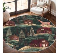 Tapis Salon Rond Poil Ras 80 cm Cabane Rustique dans Une ForêT de Pins, Moderne Doux et Moelleux Tapi De Salon Lavable, Vert éMeraude Tapis Rond Antidérapant pour Décoration de Chambre d'enfant