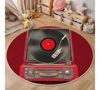 Tapis Salon Rond Rouge Noir, Anti-Glissant Style Musical Rétro Carpette pour intérieur, Salon Anti Slip Tourne-Disque Vinyle Tapis de Sol pour Chambre Cuisine Couloir Entrée 90cm